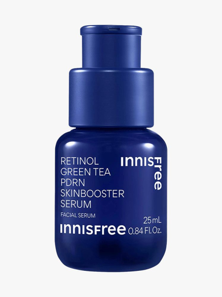 Innisfree Retinol Green Tea PDRN Firming Serum blue serum bottle on light gray background